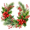 Christmas wreath from winter greenery decoration with holly, red berries, Illustration for design for New Year, Yule, Noel