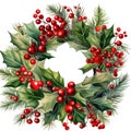 Christmas wreath from winter greenery decoration with holly, red berries, Illustration for design for New Year, Yule, Noel