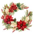 Christmas wreath from winter greenery decoration with holly, red berries, Illustration for design for New Year, Yule, Noel