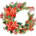 Christmas wreath from winter greenery decoration with holly, red berries, Illustration for design for New Year, Yule, Noel