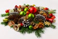 Christmas wreath with wooden jingle bell, copy space. Royalty Free Stock Photo