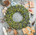 Christmas wreath, wooden toys and materials for making decoration