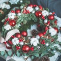 Christmas Wreath with Xmas Decor, Evergreen Xmas Tree Twig Royalty Free Stock Photo