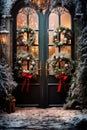 Christmas wreaths on the front doors of the house