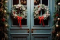 Christmas wreaths on the front doors of the house