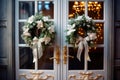 Christmas wreaths on the front doors of the house