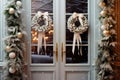 Christmas wreaths on the front doors of the house