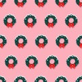 Christmas wreaths seamless illustrated pattern on pink background. Winter seamless illustration. Pattern for fabric