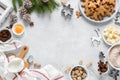 Christmas or X-mas baking culinary background, cooking recipe. Xmas, Noel gingerbread cookies on kitchen table and ingredients Royalty Free Stock Photo