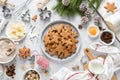 Christmas or X-mas baking culinary background, cooking recipe. Xmas, Noel gingerbread cookies on kitchen table and ingredients Royalty Free Stock Photo