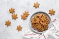 Christmas, X-mas or New Year baking culinary background. Xmas festive holiday gingerbread cookies snowflakes on kitchen table Royalty Free Stock Photo