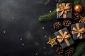 A christmas xmas background photo of some gifts, upper view, top view, postcard or invitation graphics