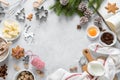 Christmas or Xmas baking culinary background. Ingredients for cooking pastry on kitchen table. New Year, X-mas or Noel holiday Royalty Free Stock Photo