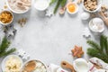 Christmas or Xmas baking culinary background. Ingredients for cooking pastry on kitchen table, recipe. New Year, X-mas or Noel Royalty Free Stock Photo