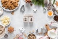 Christmas or Xmas baking recipe culinary background. Ingredients for cooking pgingerbread cookies on kitchen table. New Year Royalty Free Stock Photo