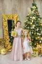Christmas xmas casual gold studio decorations with cute girl and huge mirror with golden frame plenty presents and big green pine