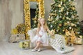 Christmas xmas casual gold studio decorations with cute girl and huge mirror with golden frame plenty presents and big green pine