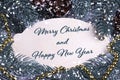 Christmas Xmas New Year Holiday greeting card wooden tablet text Merry Chrismas and Happy New Year fir branches cones gold