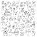 Christmas Xmas New year Vector doodle set of icons with Santa Claus, penguin, snowman, bear, presents, christmas