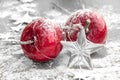 Christmas, Xmas - Red Baubles Decorated And Snowflakes In Snowing Background Royalty Free Stock Photo