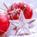 Christmas, Xmas - Red Baubles Decorated And Snowflakes In Snowing Background Royalty Free Stock Photo