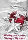 Christmas, Xmas - Red Baubles Decorated And Snowflakes In Snowing Background Royalty Free Stock Photo