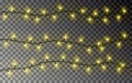 Christmas yellow lights string. Transparent effect decoration isolated on dark background. Realistic Royalty Free Stock Photo
