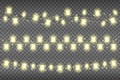 Christmas yellow realistic garland lights on a transparent background. Glowing garland lights decoration with sparkles