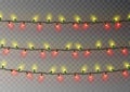 Christmas yellow red lights string. Transparent effect decoration isolated on dark background. Reali Royalty Free Stock Photo