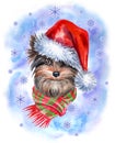 Christmas Yorkshire Terrier. Dog wearing Santa Claus hat, watercolor christmas illustration. Royalty Free Stock Photo