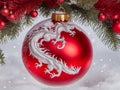 For Christmas yuki hangs a red balloon with a dragon on it. Christmas glass ball on the tree, generated AI