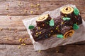 Christmas Yule Log, Buche de Noel, chocolate cake closeup. horiz Royalty Free Stock Photo