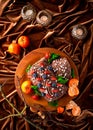 Christmas fruit chocolate cake with berries and fruits with edible Christmas decoration. Close up. Royalty Free Stock Photo