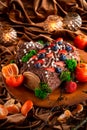 Christmas fruit chocolate cake with berries and fruits with edible Christmas decoration. Close up. Royalty Free Stock Photo