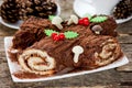 Christmas Yule Log cake decorated with chocolate holly mushrooms Royalty Free Stock Photo