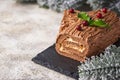 Christmas yule log cake. Traditional chocolate dessert Royalty Free Stock Photo