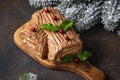 Christmas yule log cake. Traditional chocolate dessert Royalty Free Stock Photo