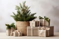 Christmas zero waste concept. Eco friendly packaging gifts in kraft paper. Copy space, banner.