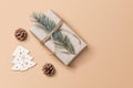 Christmas and zero waste, eco friendly gift wrapping in kraft paper on wooden table, ecological christmas holiday concept with eco Royalty Free Stock Photo