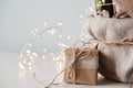 Christmas zero waste. Eco friendly packaging gift in kraft paper and lace Royalty Free Stock Photo