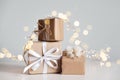 Christmas zero waste. Eco friendly packaging gifts in kraft paper and garland