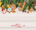 Vector Christmas background with sweet gingerbreads, decorations, tangerines Royalty Free Stock Photo