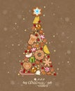 Christmas wishes. Cute Xmas card with colorful funny gingerbread on background with snowflakes. Vector greeting poster.