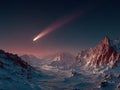 Christmasgiftbox-A comet soars over a snow-covered mountain range under a starry night sky Royalty Free Stock Photo