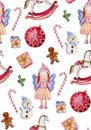 Watercolor Christmas pattern with realistic toy horse ,angel and candy Royalty Free Stock Photo