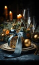Christmass and New Year party table setting with winter holiday decorations