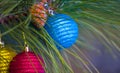 Christmass new year toys on a pine tree branch