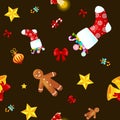 Christmass seamless pattern gingerbread man cookies, jingle bells stocking gifts, xmas background decoration elements