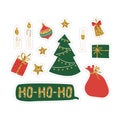 Christmass set of stickers with glitter candle, gift box and bell