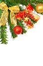 Christmass tree branches, balls and ribbons Royalty Free Stock Photo